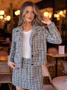 SHEIN Frenchy Plaid Pattern Button Front Tweed Overcoat - Multicolor - View 9
