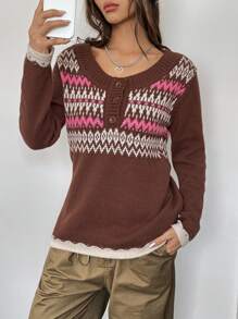 Muchica Mẫu Geo Nút phía trước Áo len - Nhiều màu - Xem 4