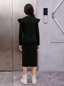 SHEIN Cô gái Tween Viền Ruffle Chi tiết Nút Viền chia cắt Đầm - màu đen - Xem 2