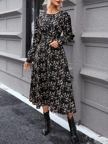 SHEIN Clasi In hoa Ditsy Tay áo lồng đèn Đầm Không có thắt lưng - màu đen - Xem 3