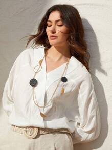 SHEIN VCAY Handmade Double Layer Geometric Long Necklace - Apricot - View 3