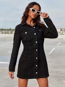 SHEIN EZwear 翻蓋口袋前紐扣牛仔洋裝 - 黑色 - 查看 4