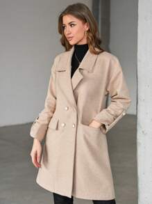 EURMUSE Roll Tab Sleeve Double Breasted Overcoat - Beige - View 4