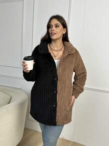 SHEIN LUNE Plus Two Tone Drop Shoulder Teddy Coat