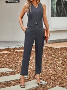 EMERY ROSE 素色前紐扣馬甲西裝外套和褲子 - 灰色 - 查看 3