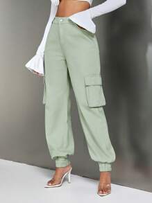 SHEIN High Waist Flap Pocket Cargo Jeans - Army Green - View 5