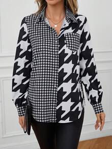 EMERY ROSE Houndstooth Print Pocket Patched Shirt - Black and White - View 4