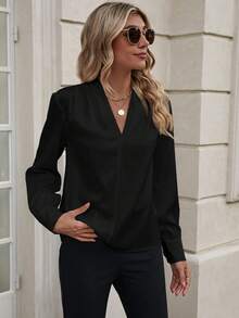 SHEIN LUNE Solid  V Neck Blouse - Black - View 5