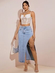 SHEIN BAE Chain Detail Split Thigh Denim Skirt - Blue - View 6