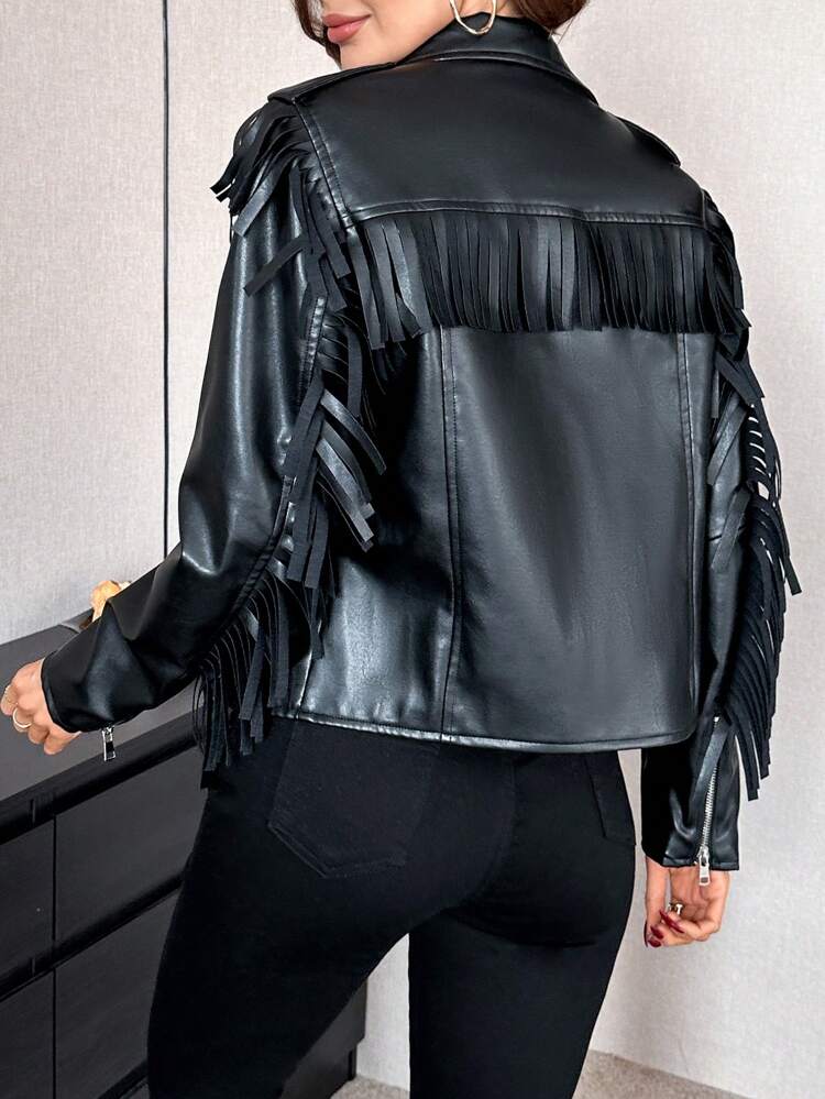 Fringe Trim Zip Up PU Leather Moto Jacket