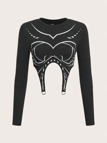 SHEIN ICON Body Print Asymmetrical Hem Crop Tee - Black - View 2