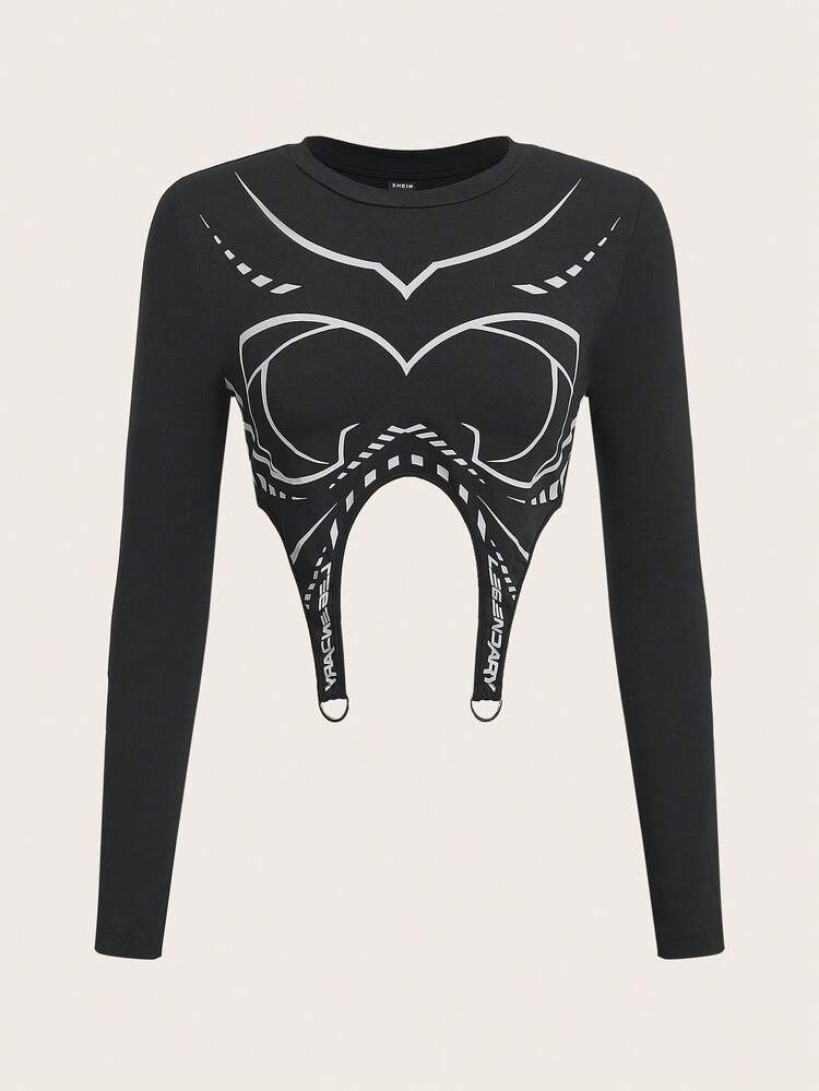 Body Print Asymmetrical Hem Crop Tee