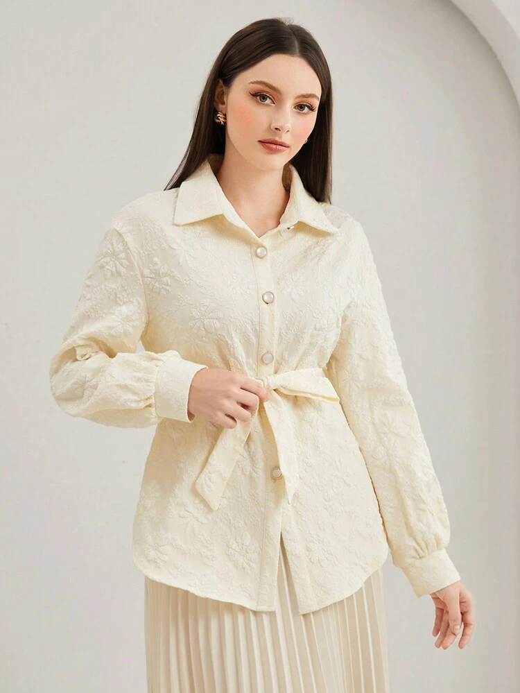 Floral Jacquard Belted Button Front Coat Fall Cloth For Women