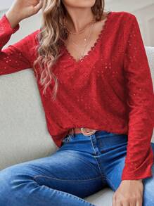 SHEIN Frenchy Contrast Lace V Neck Tee - Red - View 2