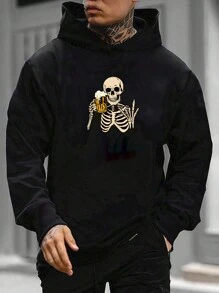 GENTILAND Men Skeleton Print Hoodie - Black - View 2