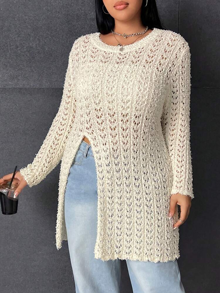 Plus Split Hem Open Knit Sweater