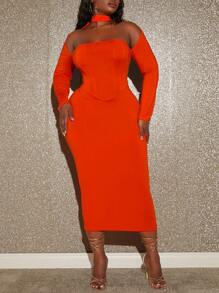 Slaydiva 優雅挖空純色加大洋裝 - 橘色 - 查看 1