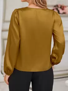 SHEIN Clasi 纯色前扣缎面衬衫 金色衬衫棕色衬衫 优雅金色衬衫丝绸衬衫 - 黃色 - 查看 2