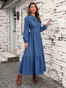 EMERY ROSE Tie Neck Lantern Sleeve Ruffle Hem Denim Dress, Fall Women Clothes