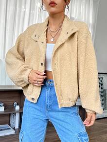 SHEIN EZwear Drop Shoulder Teddy Jacket - Apricot - View 6