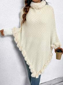 SHEIN Unity 加大码高领蝙蝠袖抓绒毛边饰毛球斗篷式针织套头衫秋冬毛衣 - 米色 - 查看 1