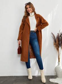 EURMUSE Women's Casual Solid Color Turndown Collar Wool Blend Coat, Autumn/Winter - Camel - View 3