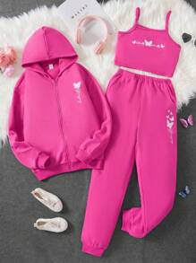 青少年女孩蝴蝶和字母圖案吊帶上衣和運動褲和拉鏈連帽衫 - 玫紅色 - 查看 1