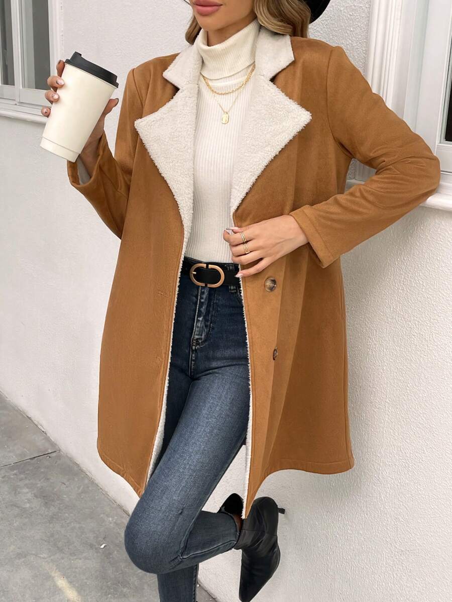 Chiquease Lapel Neck Teddy Lined Single Breasted Coat - Apricot - View 1