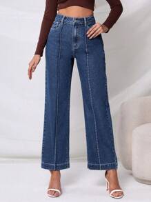 SHEIN Privé High Waist Straight Leg Jeans - Dark Wash - View 3