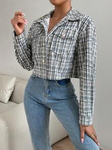 SHEIN Unity Plaid Pattern Flap Pocket Drop Shoulder Crop Jacket Fall Cloth For Women - Yellow - View 5