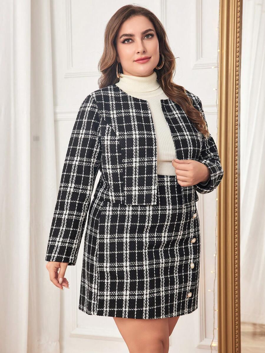 SHEIN LUNE Plus Plaid Print Open Front Jacket & Skirt