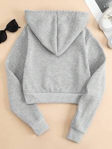 SHEIN Unity Letter Graphic Zip Up Drawstring Thermal Lined Crop Hoodie - Grey - View 2