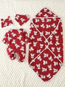 SHEIN 女嬰卡通圖案連身背心&帽&圍兜&毯子適用於聖誕 - 紅色 - 查看 2