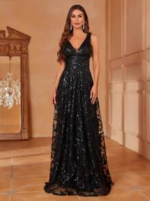 Elisanya Elegant V-Neck Sleeveless A-Line Sequin-Decor Dress – Lightweight Flowy Formal Gown For Spring-Summer – - Black - View 6