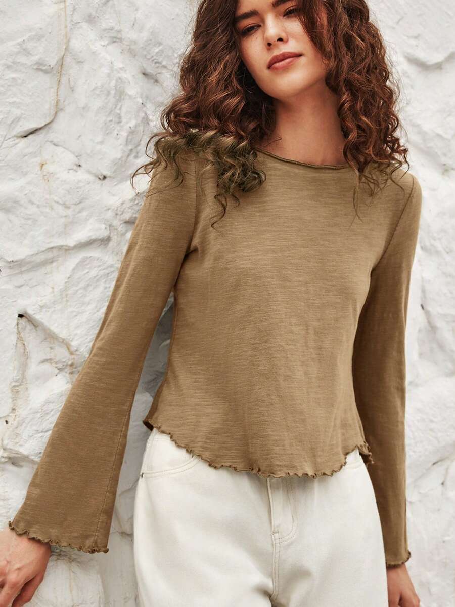 Bohemela Lettuce Trim Trumpet Sleeve Tee - Camel - View 1