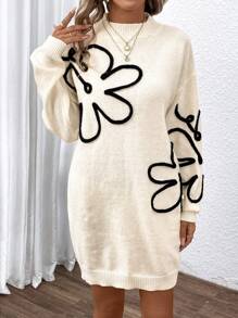 Chiquease Floral Pattern Drop Shoulder Sweater Dress - Beige - View 4