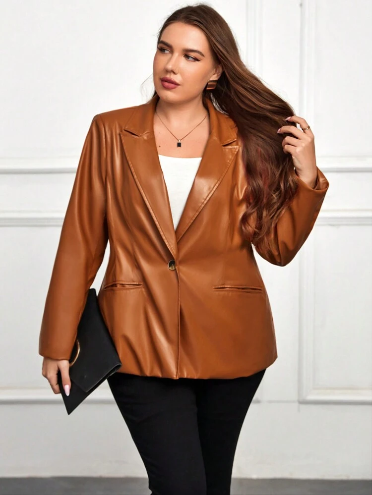 Plus Lapel Neck PU Leather Blazer