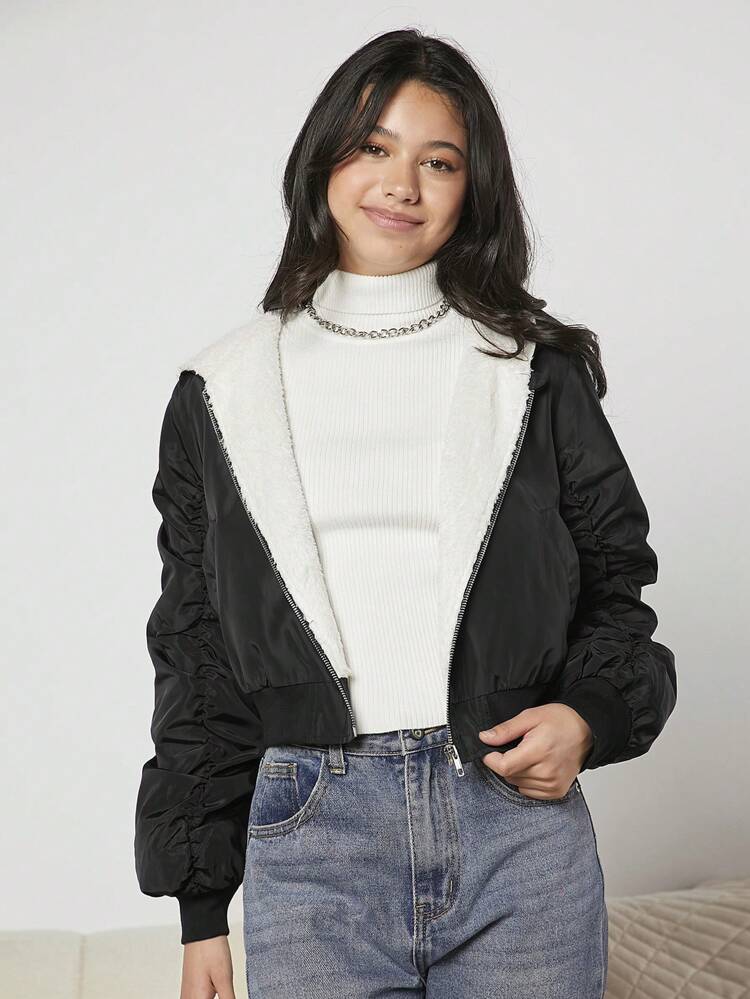 Teen Girl Rhinestone Letter Pattern Zip Up Thermal Hooded Jacket