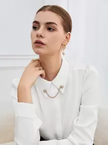 BizChic 女士秋季金属链纽扣衬衫，都市通勤办公室商务休闲优雅女士正式衬衫上衣 - 白色 - 查看 6