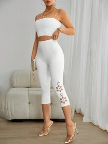 SHEIN Privé 素色花卉圖案鏤空七分緊身打底褲 - 白色 - 查看 5