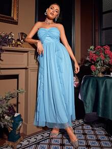 Glamaker Twist Front Ruffle Trim Mesh Overlay Tube Formal Dress - Blue - View 4
