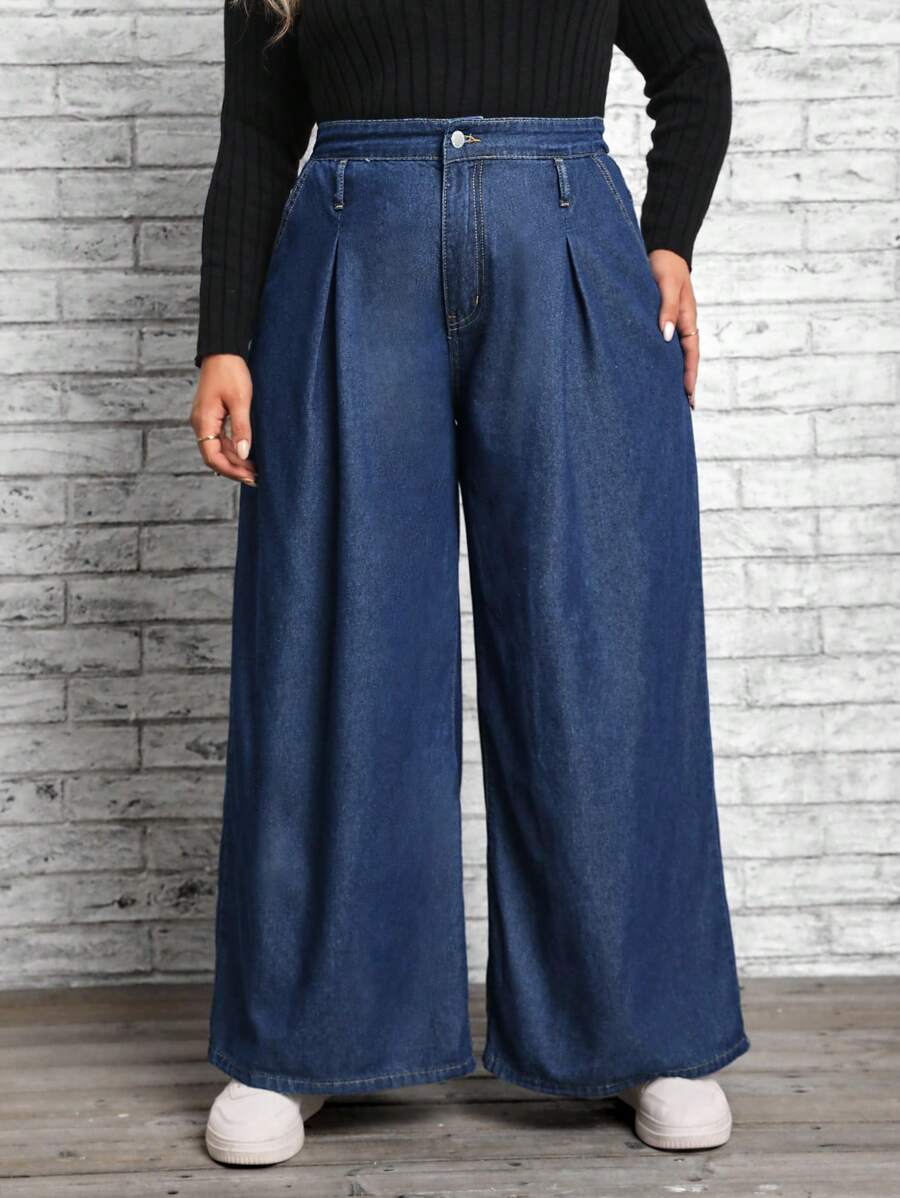 EMERY ROSE 大碼高腰闊腿牛仔褲 - 深色水洗藍 - 查看 1