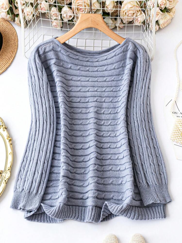 Plus Solid Cable Knit Sweater Knit Pullover Fall Winter Sweater