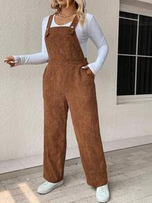 SHEIN LUNE Plus Slant Pocket Corduroy Overall Jumpsuit Without Tee - Khaki - View 3
