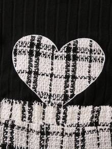 SHEIN 女小童格紋印花荷葉邊小高領T恤和格紋印花半身裙 - 黑與白 - 查看 7