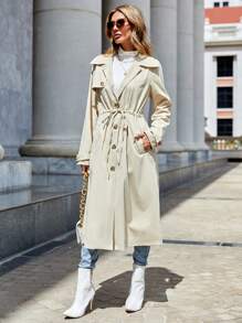 SHEIN Unity Lapel Neck Drawstring Waist Trench Coat - Khaki - View 3