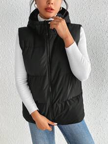 SHEIN Frenchy Zip Up Hooded Vest Padded Coat - Black - View 6