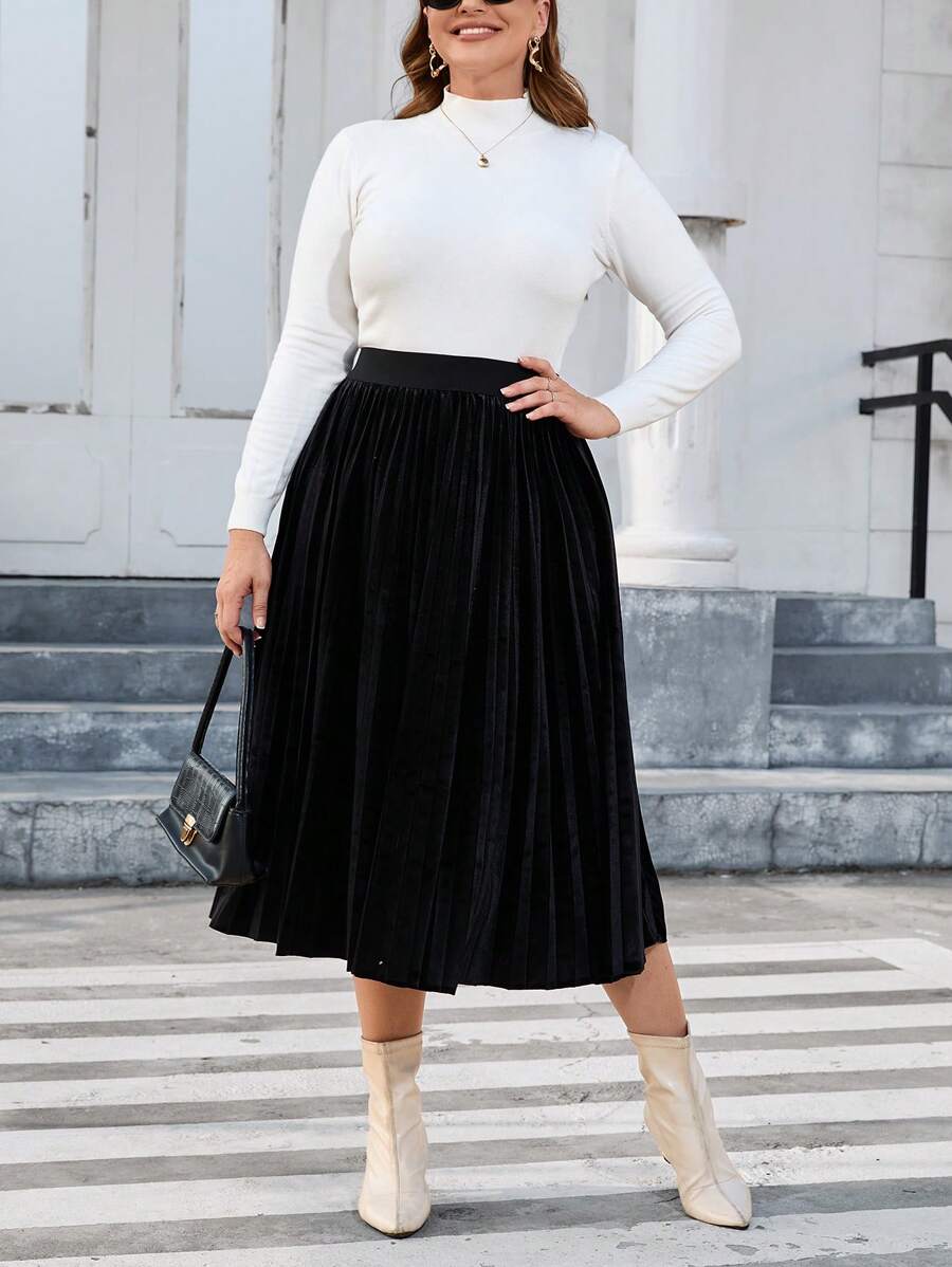 SHEIN Privé Talla grande Falda fruncido de talle alto de terciopelo - Negro - Ver 1
