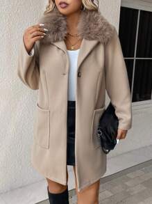 SHEIN LUNE Plus Borg Collar Dual Pocket Overcoat - Mocha Brown - View 4