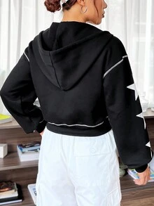 SHEIN EZwear Star Print Drop Shoulder Drawstring Zip Up Hoodie - Black - View 2